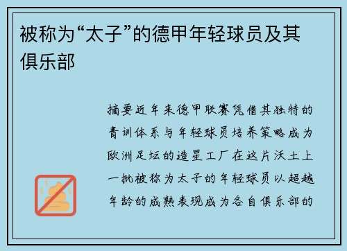 被称为“太子”的德甲年轻球员及其俱乐部