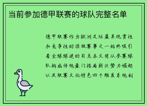 当前参加德甲联赛的球队完整名单